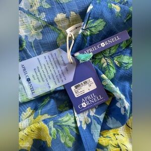 April Cornell Riviera Sarong Blue Floral Large Scarf 100% Linen Coverup Wrap